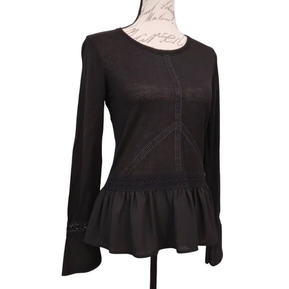 White House Black Market | Black Bell Sleeve Peplum Pull On Knit Top | Size S - Picture 1 of 8